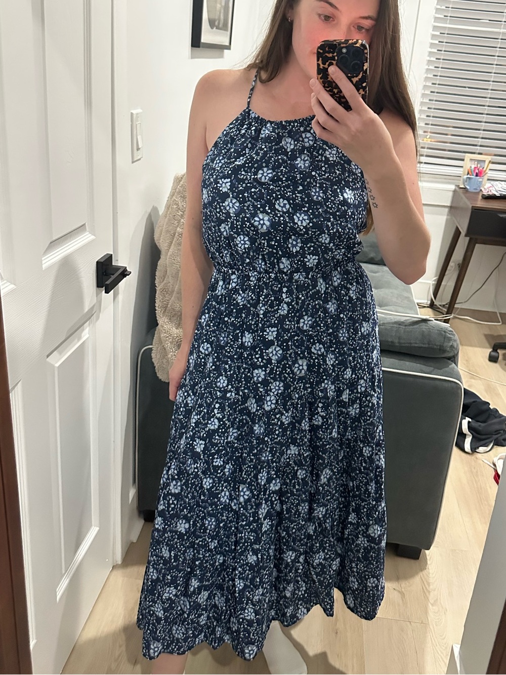 Madewell Navy and Light Blue Floral Halter Midi Dress